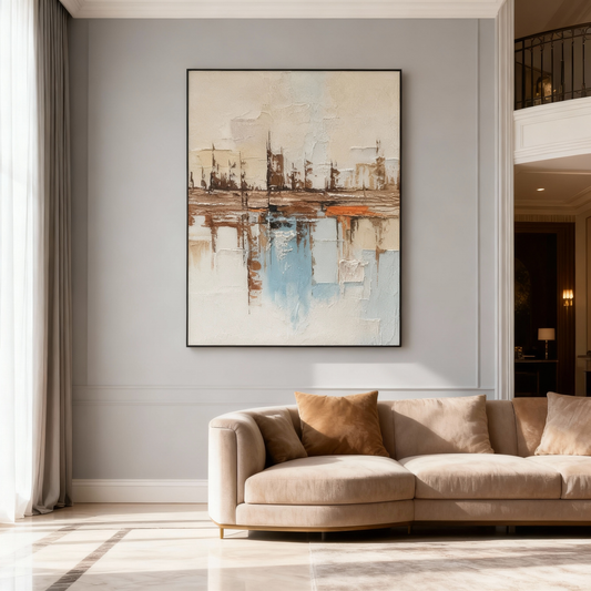 Hand-Painted Oil Painting | Abstract Water Reflection Art – Modern Canvas Painting with Blue and Brown Tones for Living Room Decor