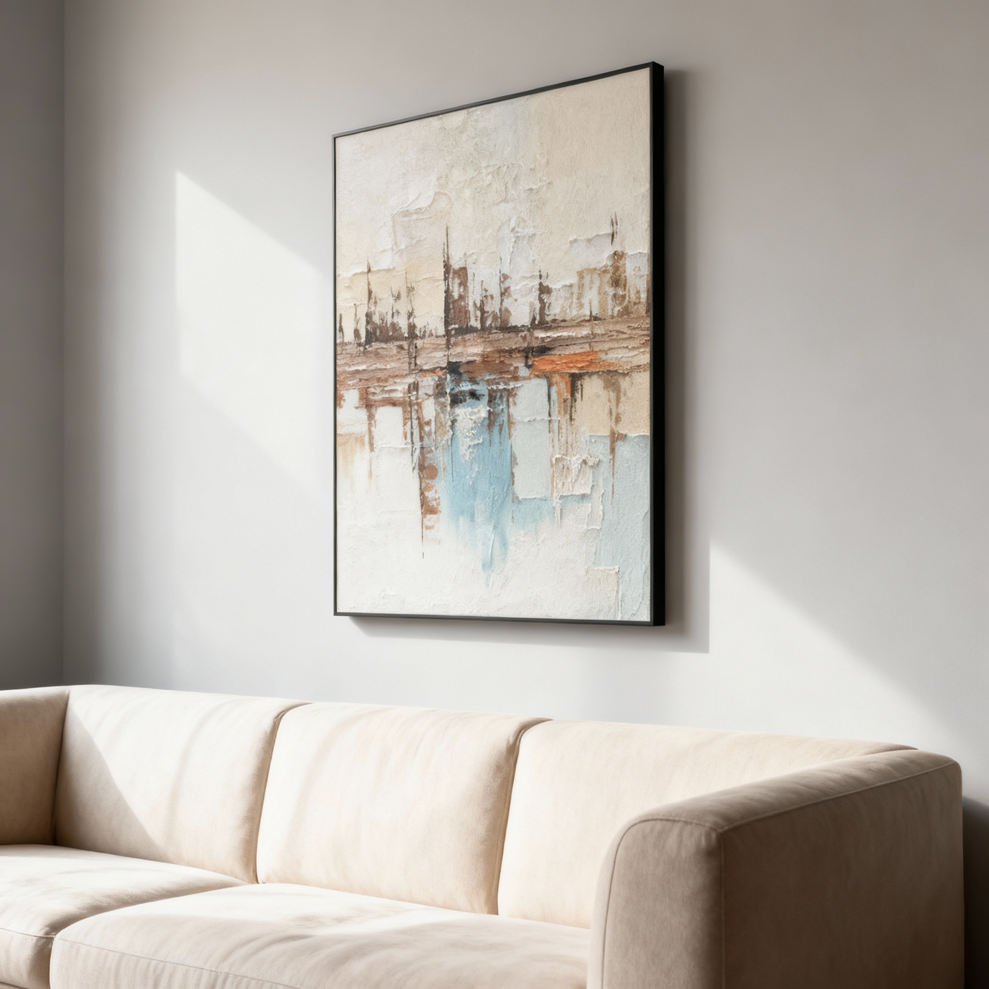 Hand-Painted Oil Painting | Abstract Water Reflection Art – Modern Canvas Painting with Blue and Brown Tones for Living Room Decor