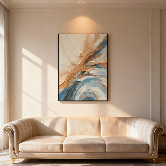 Hand-Painted Oil Painting | Modern Abstract Wave Art – Textured Blue and Brown Canvas Painting for Contemporary Home Decor