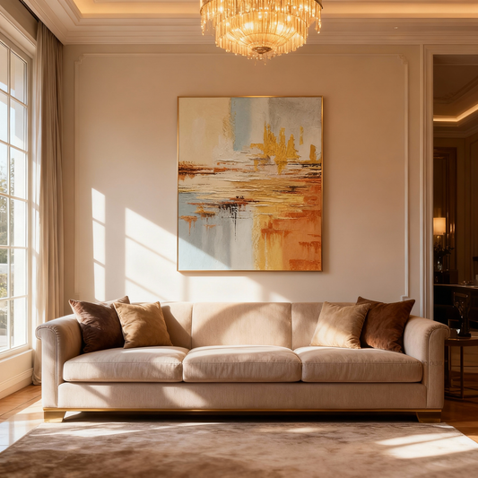 Hand-Painted Oil Painting | Golden Abstract Landscape Art – Luxury Canvas Painting with Gold and Blue Tones for Living Room Decor