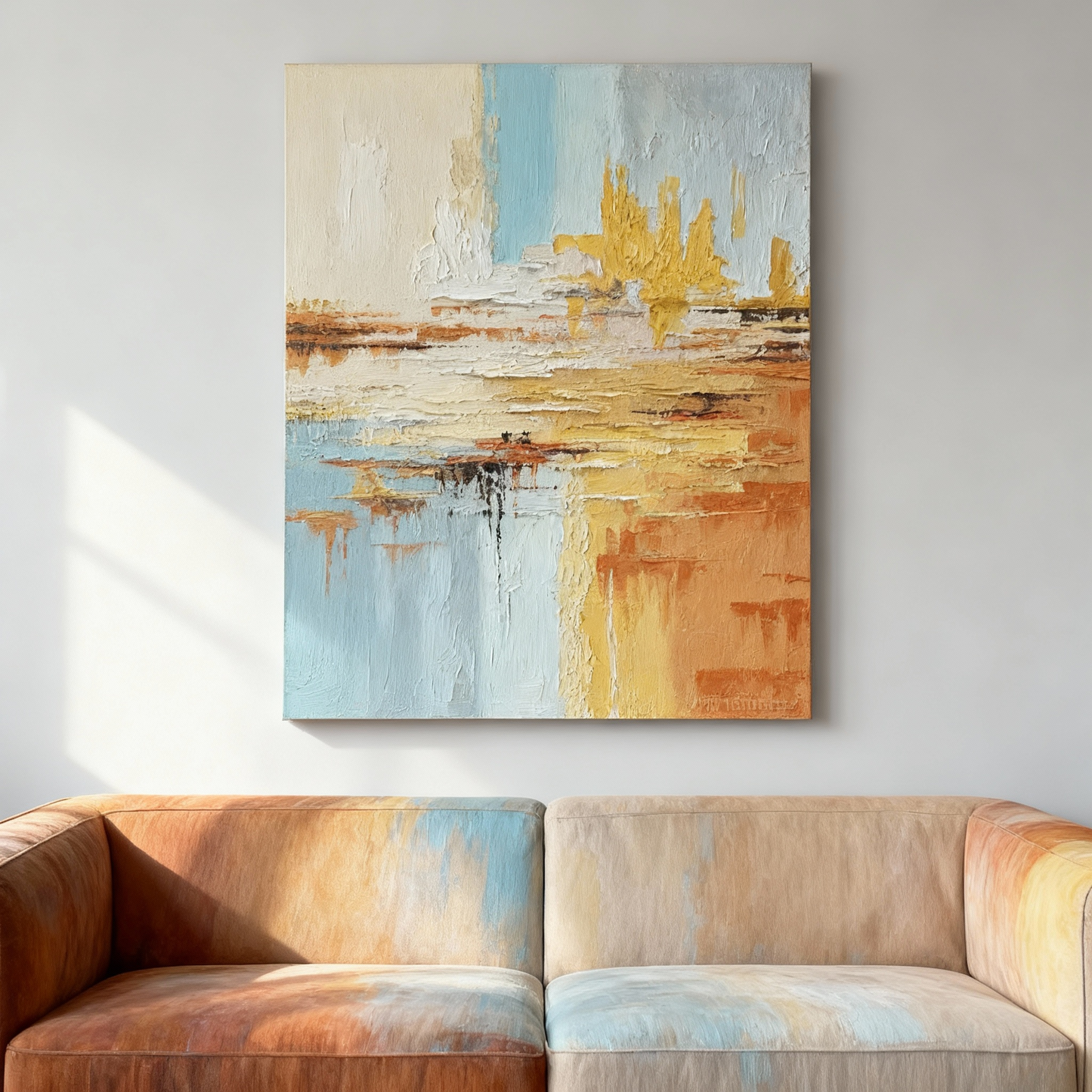 Hand-Painted Oil Painting | Golden Abstract Landscape Art – Luxury Canvas Painting with Gold and Blue Tones for Living Room Decor
