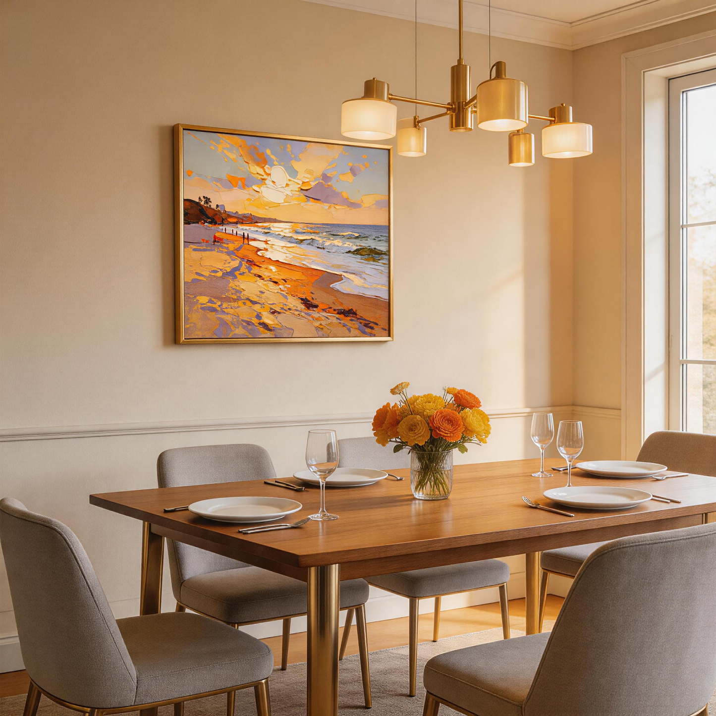 Golden Sunset Beach Seascape Oil Painting | Hand-Painted Warm Orange Sky & Blue Wave Impasto Canvas Wall Art