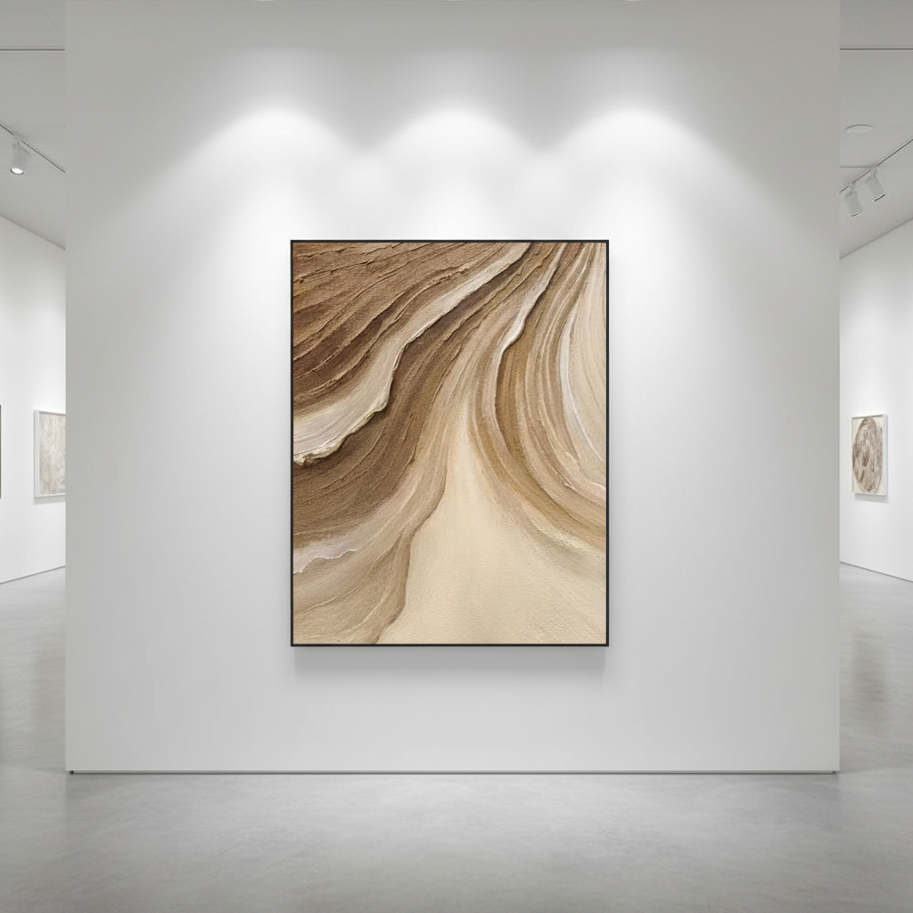 Abstract brown cream canyon strata oil painting in an art gallery