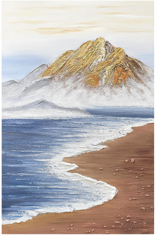 Coastal mountain bay impasto oil painting no frame white background