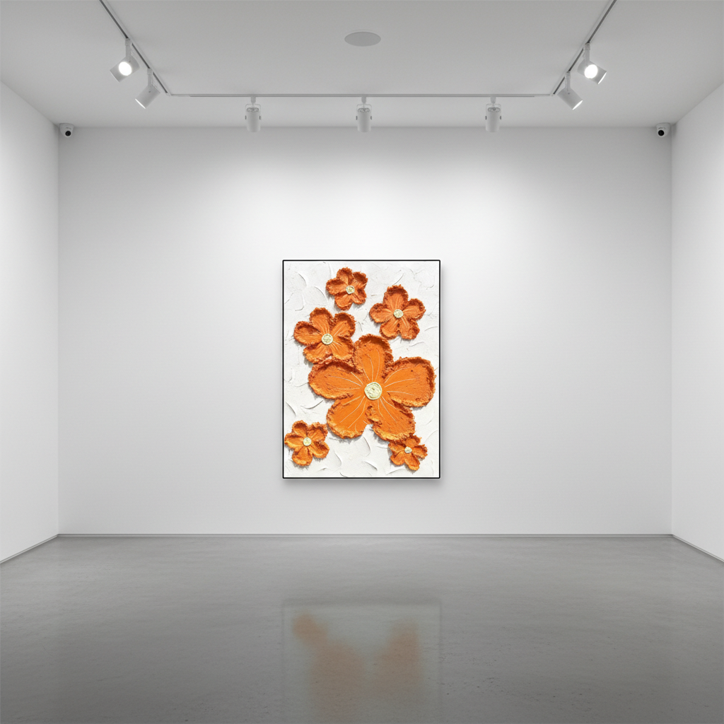 Orange sculptural flower scatter oil painting in an art gallery