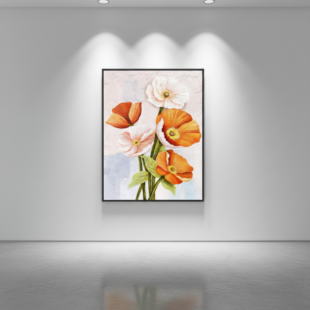 Orange white poppy bouquet oil painting in an art gallery