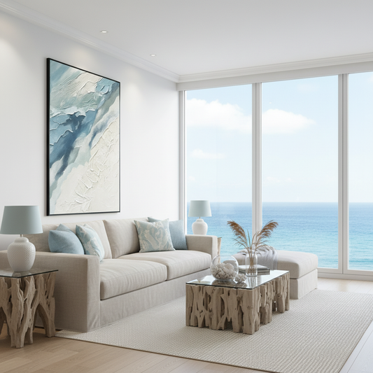 Ocean-inspired abstract oil painting in a coastal modern living room