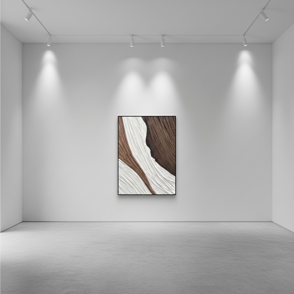 Abstract brown white canyon rock oil painting in an art gallery