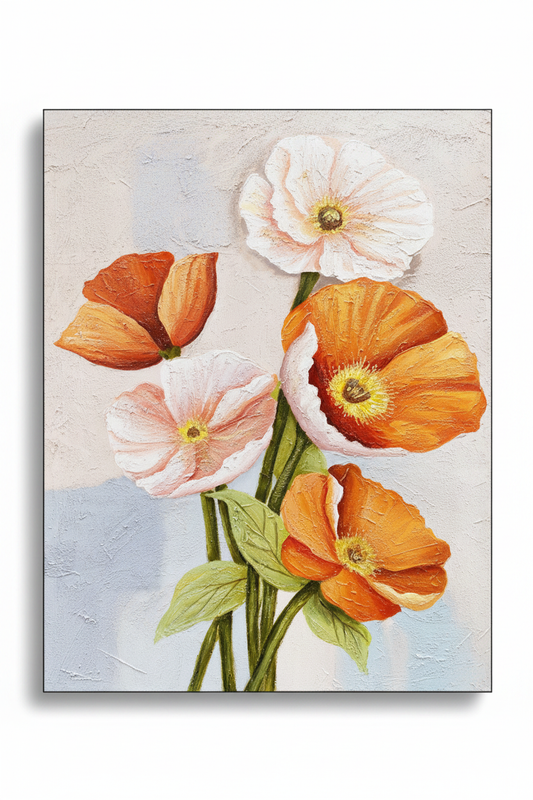 Orange white poppy bouquet impasto oil painting no frame white background
