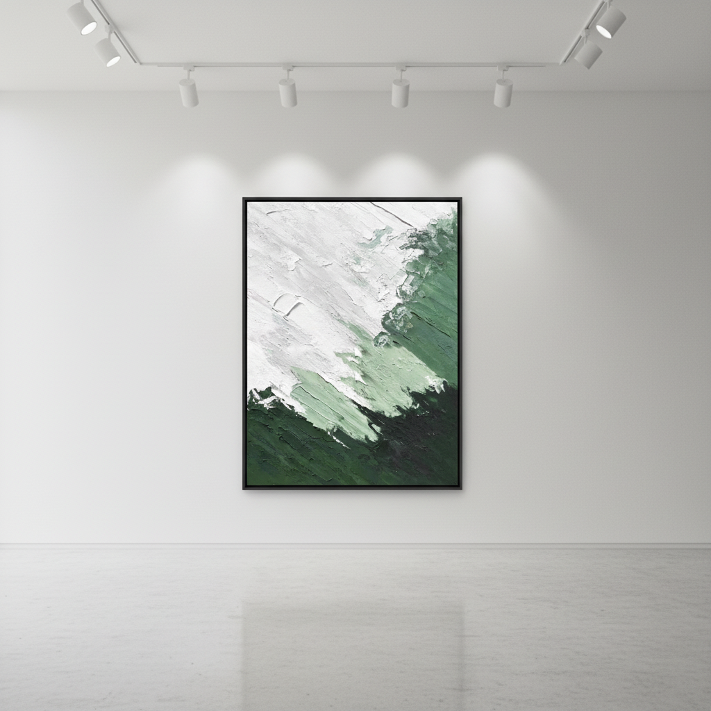 Abstract green white mountain mist oil painting in an art gallery