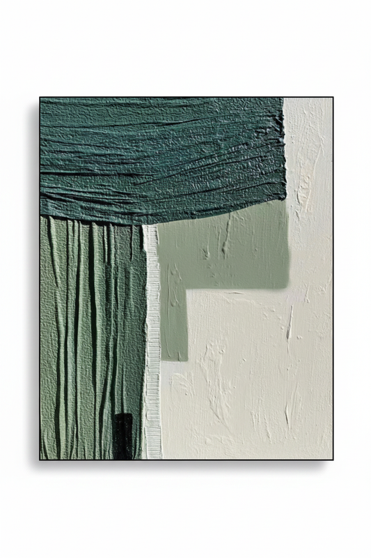 Abstract forest green sage grey white geometric impasto oil painting no frame white background