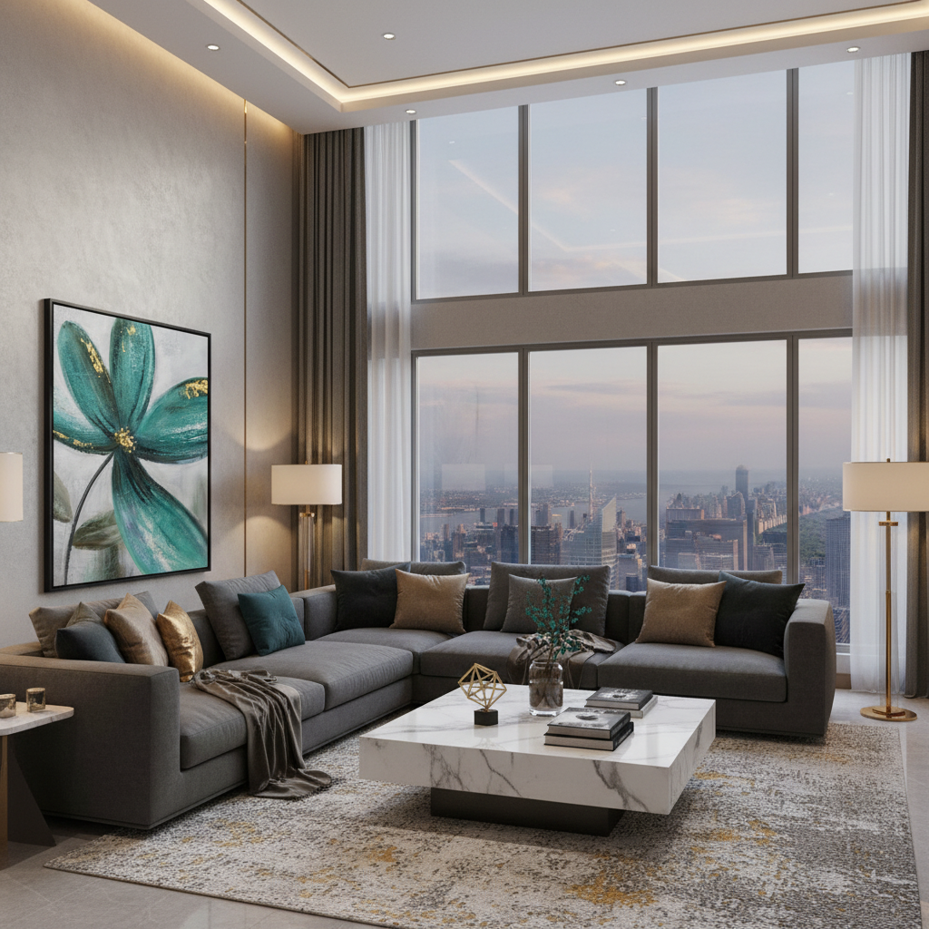 Teal peacock green flower gold accent oil painting in a luxury modern living room