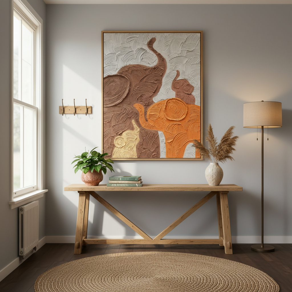 Elephant family oil painting displayed in a welcoming entryway foyer