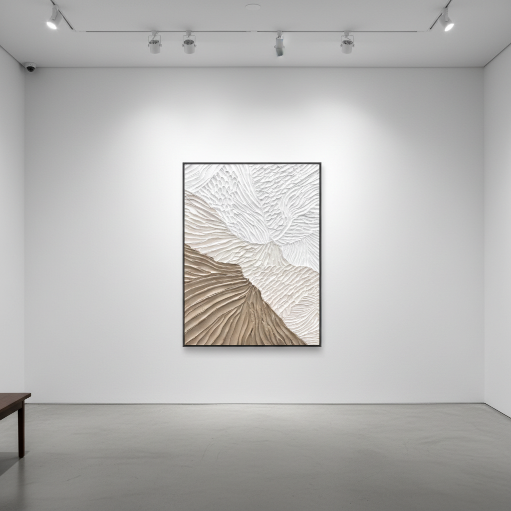 Abstract white sandy beige wave texture oil painting in an art gallery
