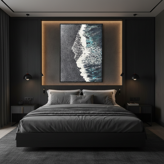 Black sand beach oil painting in a luxury hotel bedroom