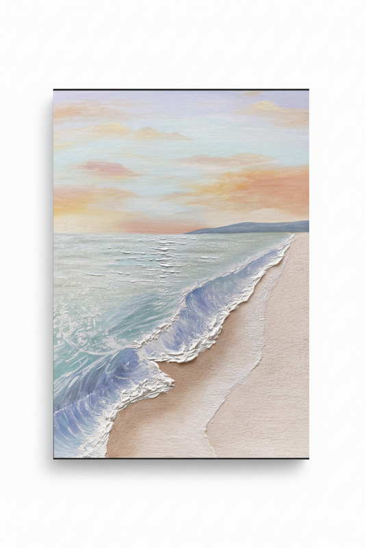 Sunset beach seascape impasto oil painting no frame white background