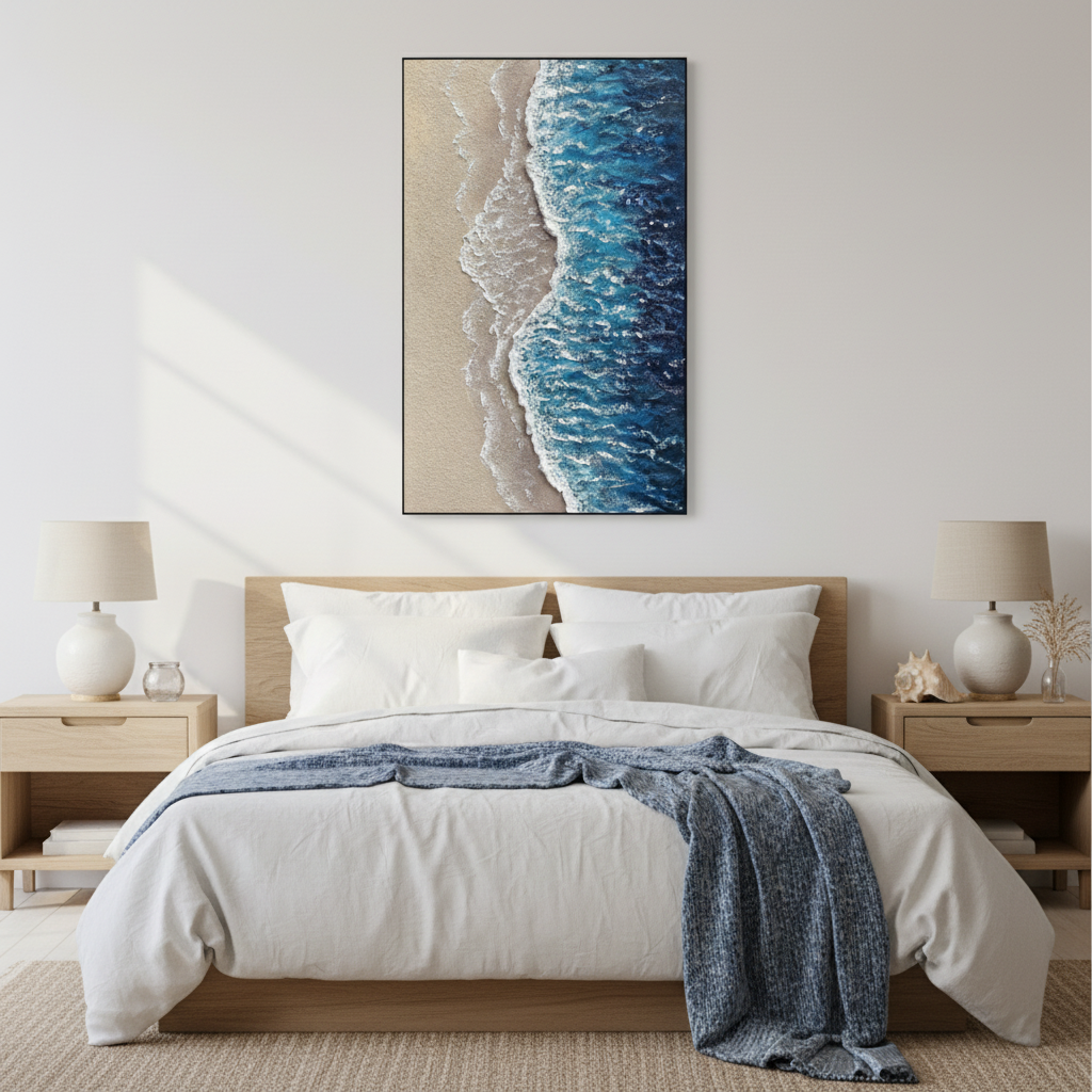 Aerial beach ocean oil painting in a coastal bedroom