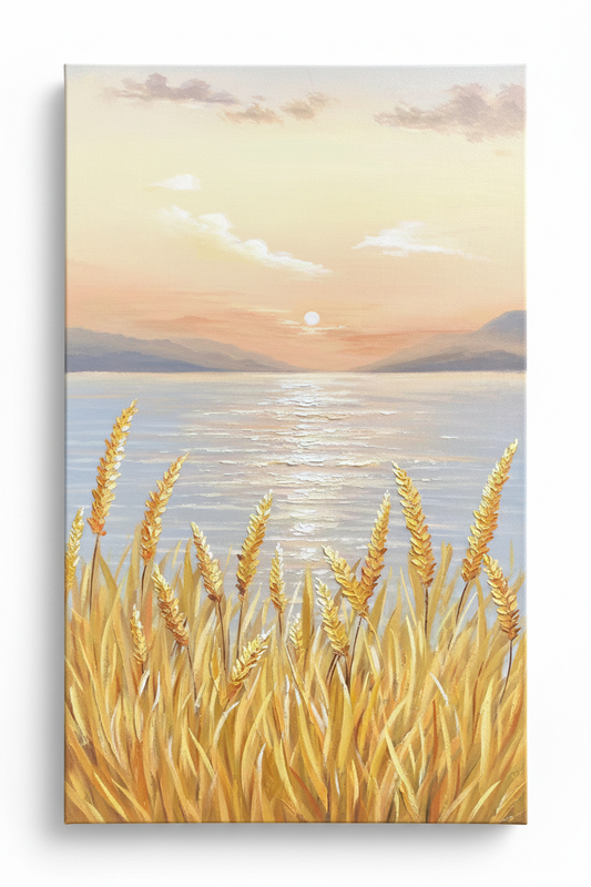 Golden reed lakeside sunset oil painting no frame white background
