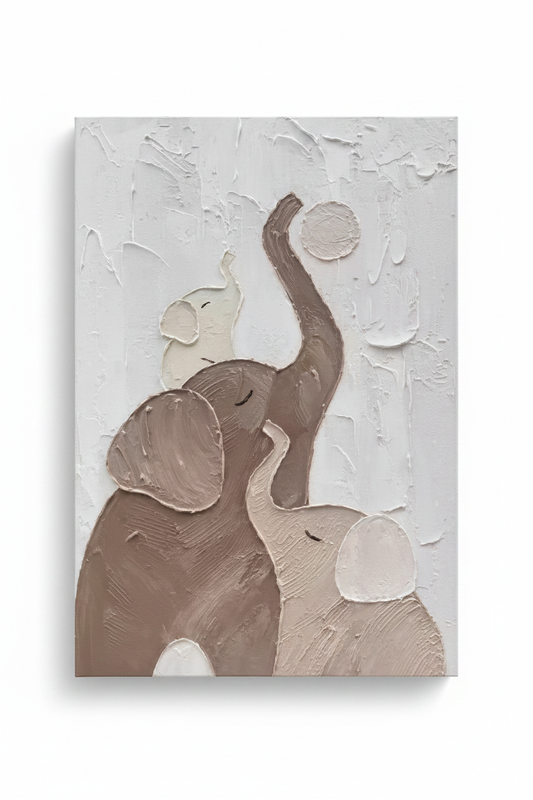 Mother elephant baby balancing ball impasto oil painting no frame white background