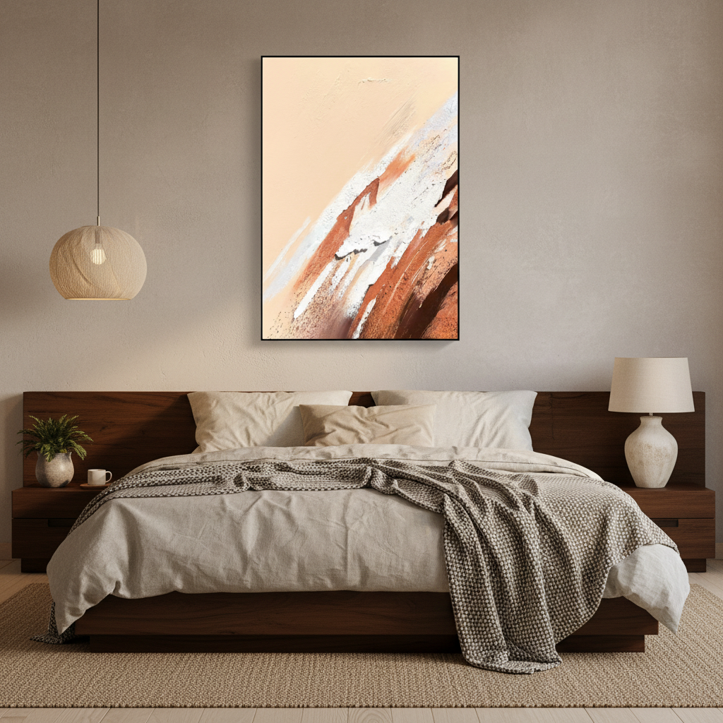 Abstract peach beige copper brushstroke oil painting in a Japandi bedroom