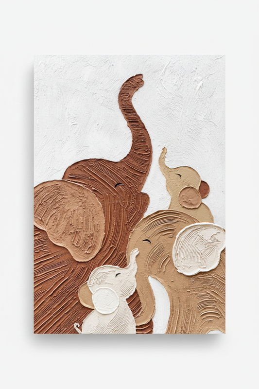 Three elephant family minimalist impasto oil painting no frame white background