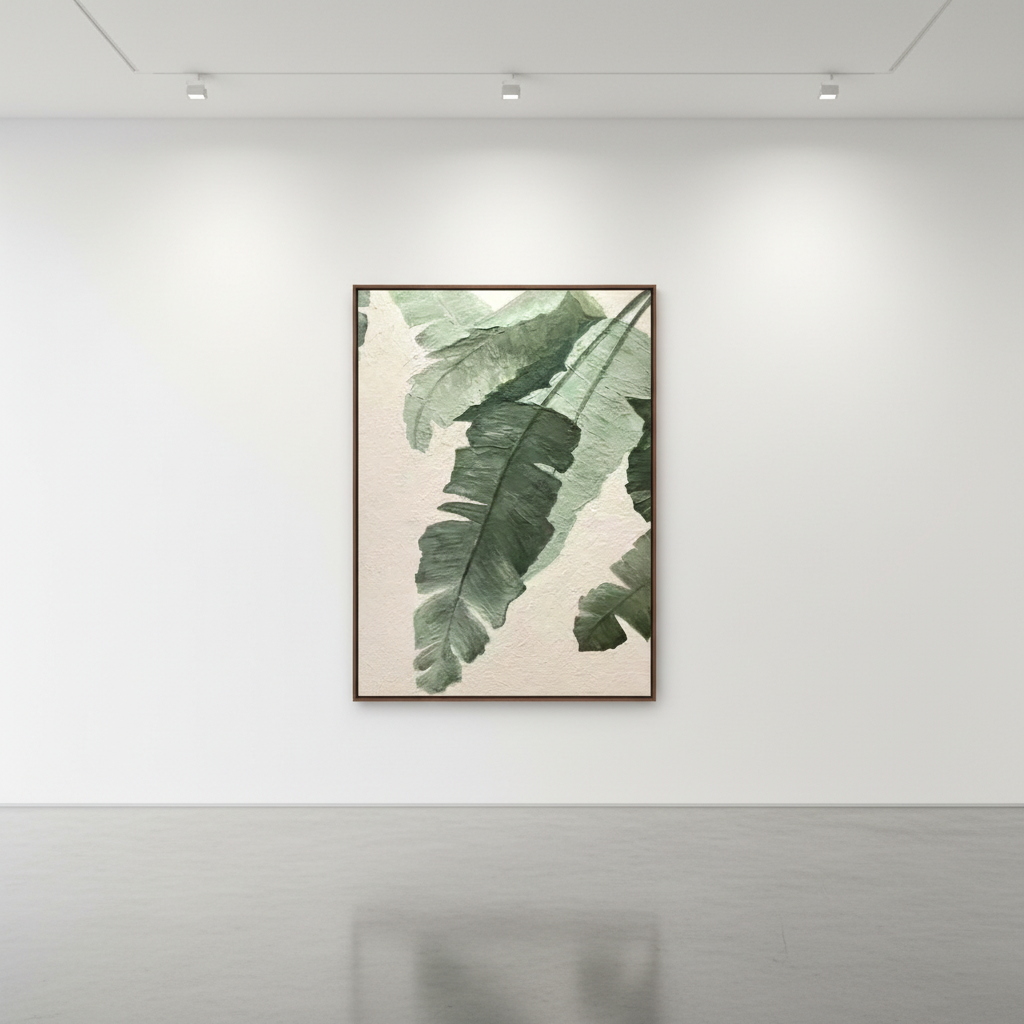 Dark forest green banana leaf oil painting in an art gallery