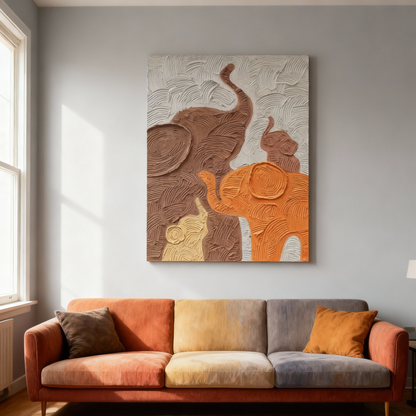 Textured Oil Painting | Elephant Family Wall Art – Hand-Painted Animal Canvas Painting for Home Décor