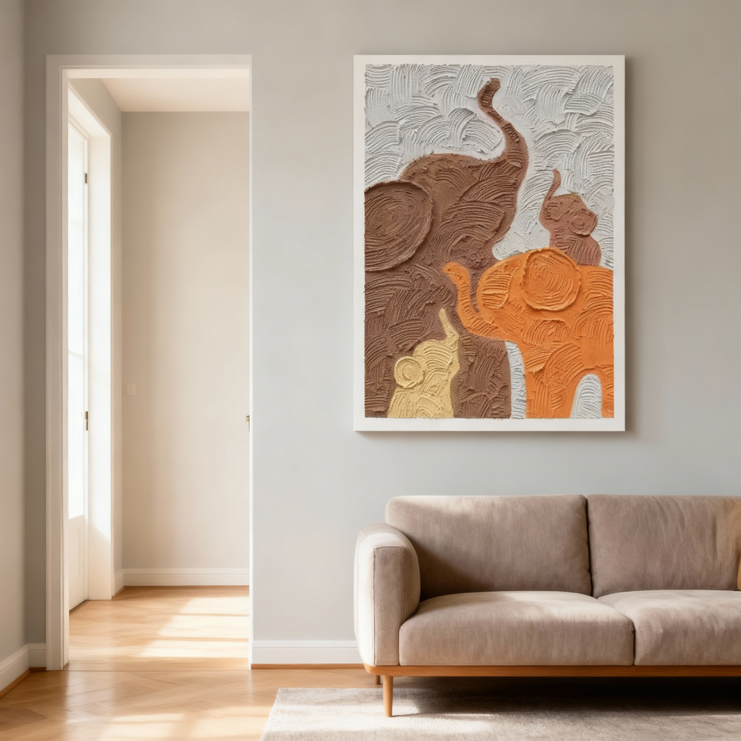 Textured Oil Painting | Elephant Family Wall Art – Hand-Painted Animal Canvas Painting for Home Décor