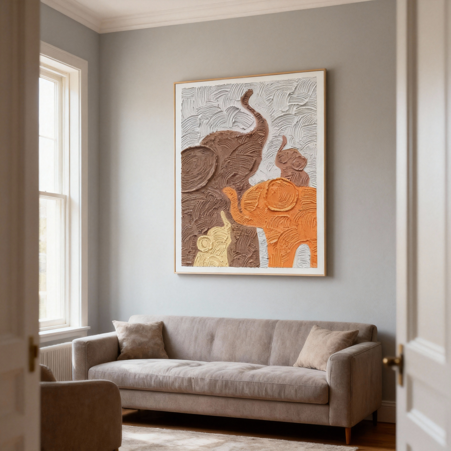 Textured Oil Painting | Elephant Family Wall Art – Hand-Painted Animal Canvas Painting for Home Décor