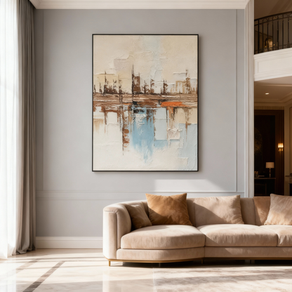 Hand-Painted Oil Painting | Abstract Water Reflection Art – Modern Canvas Painting with Blue and Brown Tones for Living Room Decor