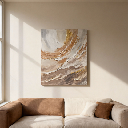 Hand-Painted Oil Painting | Neutral Abstract Wall Art – Earth Tone Canvas with Gold Accents for Minimalist Living Room Decor