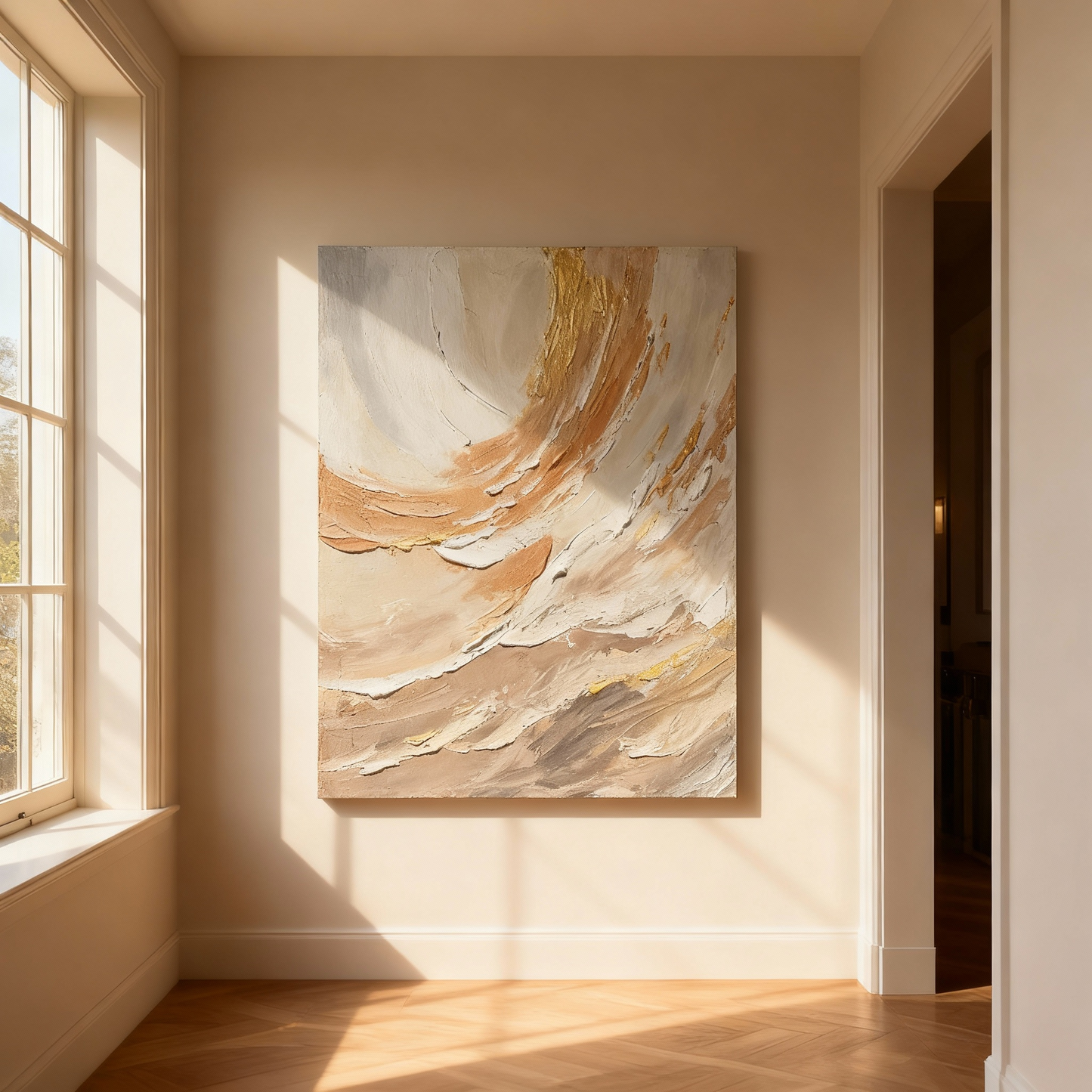 Hand-Painted Oil Painting | Neutral Abstract Wall Art – Earth Tone Canvas with Gold Accents for Minimalist Living Room Decor