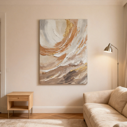 Hand-Painted Oil Painting | Neutral Abstract Wall Art – Earth Tone Canvas with Gold Accents for Minimalist Living Room Decor