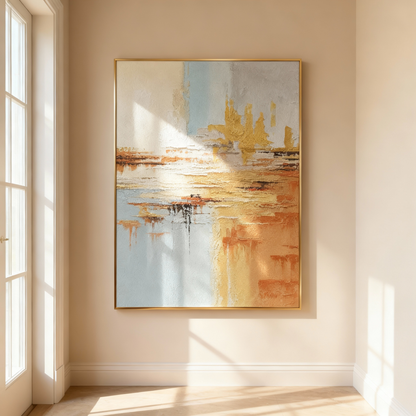Hand-Painted Oil Painting | Golden Abstract Landscape Art – Luxury Canvas Painting with Gold and Blue Tones for Living Room Decor