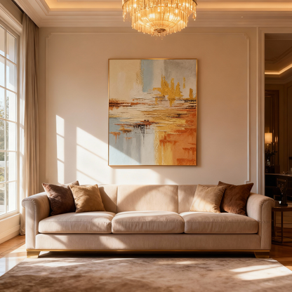 Hand-Painted Oil Painting | Golden Abstract Landscape Art – Luxury Canvas Painting with Gold and Blue Tones for Living Room Decor
