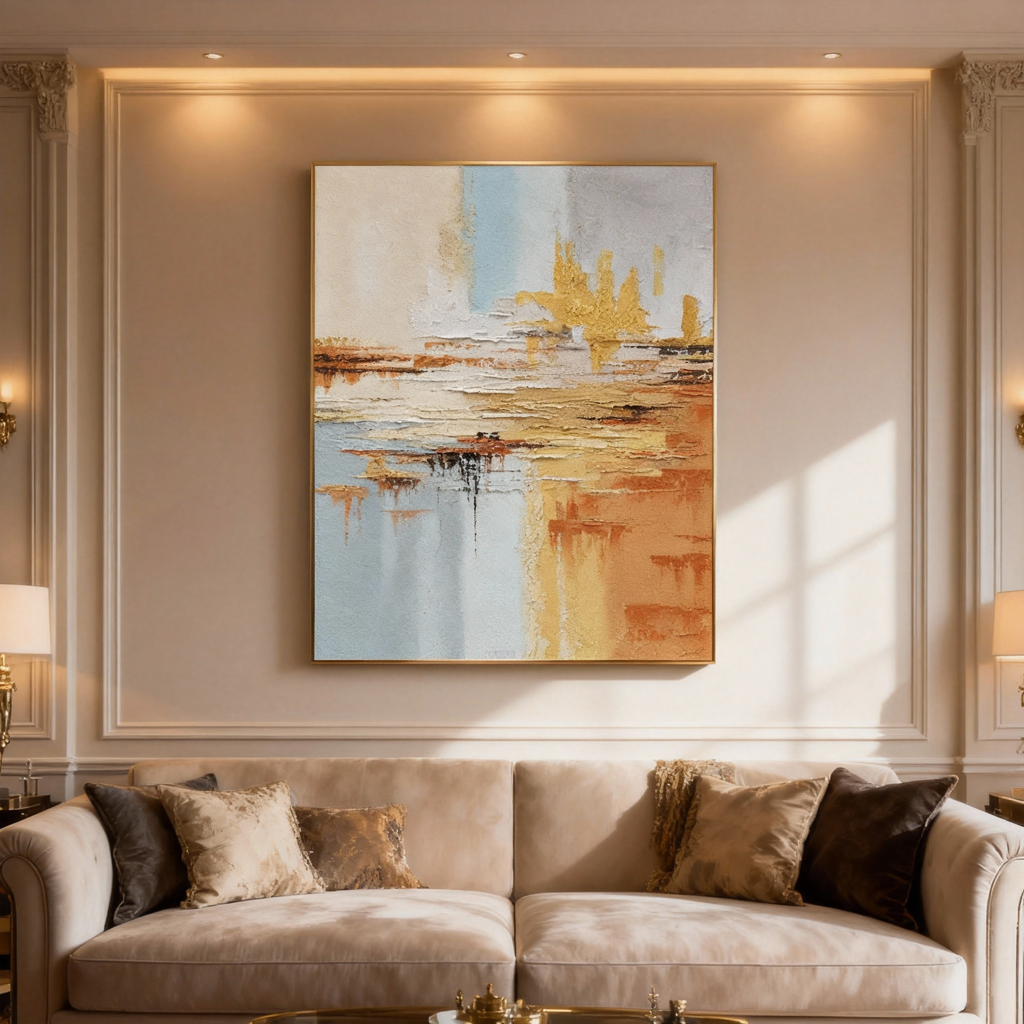 Hand-Painted Oil Painting | Golden Abstract Landscape Art – Luxury Canvas Painting with Gold and Blue Tones for Living Room Decor