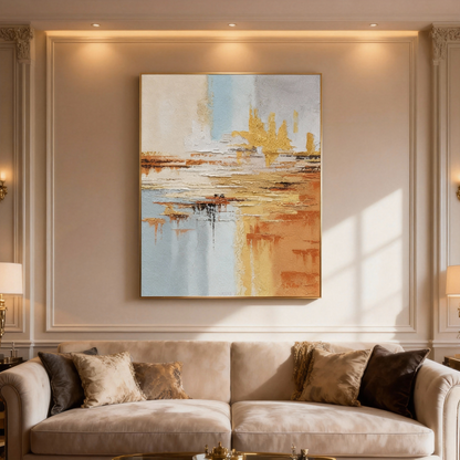 Hand-Painted Oil Painting | Golden Abstract Landscape Art – Luxury Canvas Painting with Gold and Blue Tones for Living Room Decor