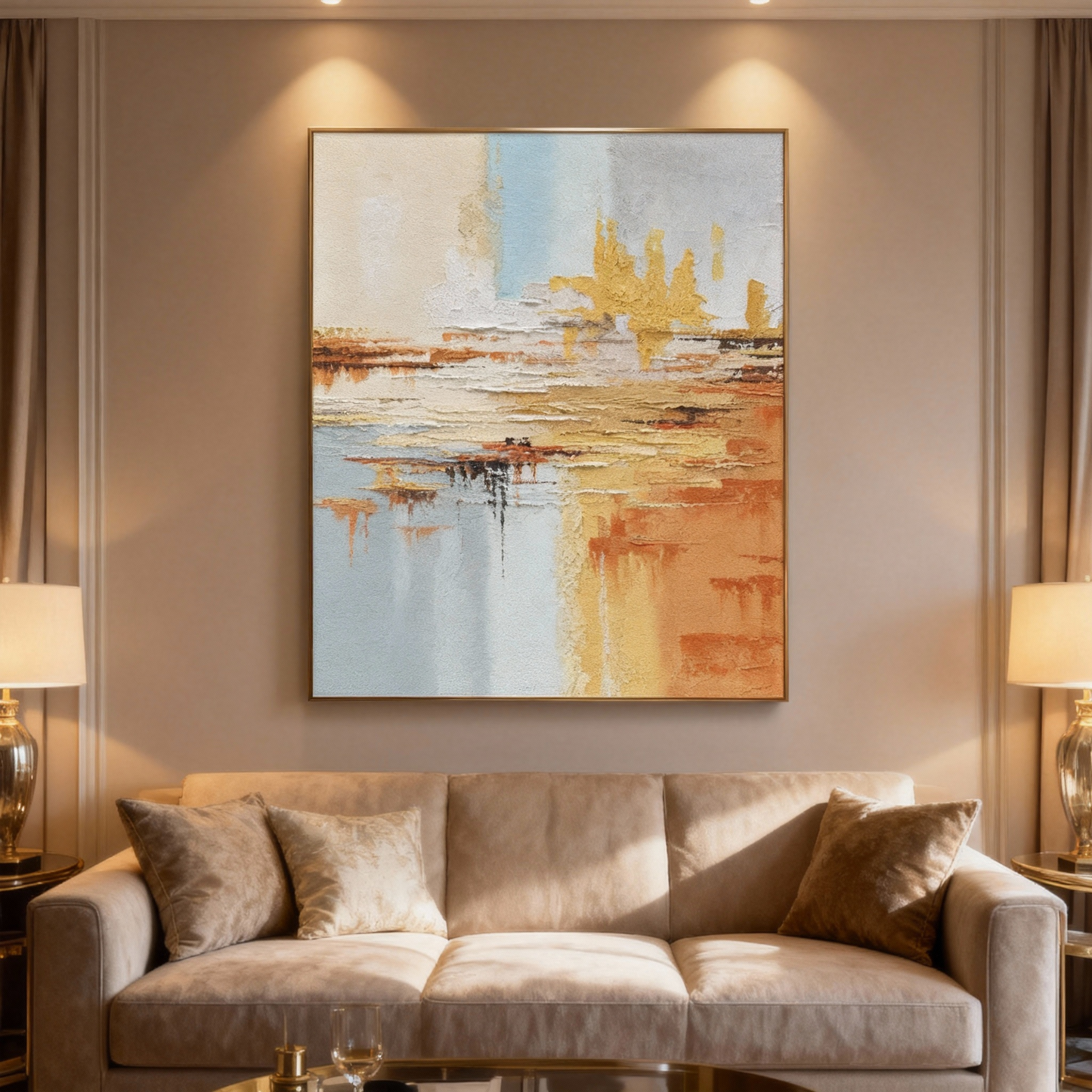 Hand-Painted Oil Painting | Golden Abstract Landscape Art – Luxury Canvas Painting with Gold and Blue Tones for Living Room Decor