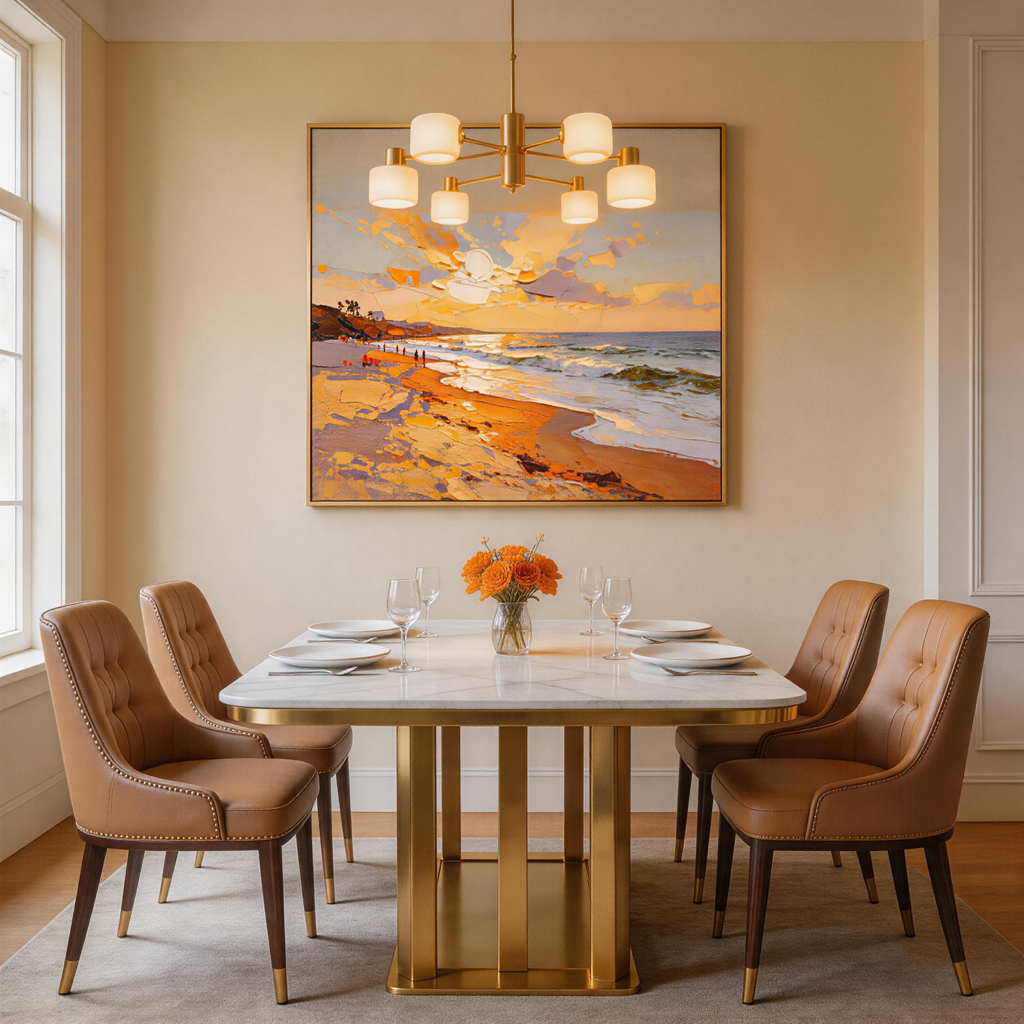 Golden Sunset Beach Seascape Oil Painting | Hand-Painted Warm Orange Sky & Blue Wave Impasto Canvas Wall Art