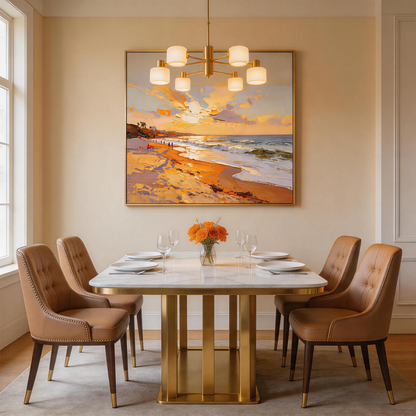 Golden Sunset Beach Seascape Oil Painting | Hand-Painted Warm Orange Sky & Blue Wave Impasto Canvas Wall Art