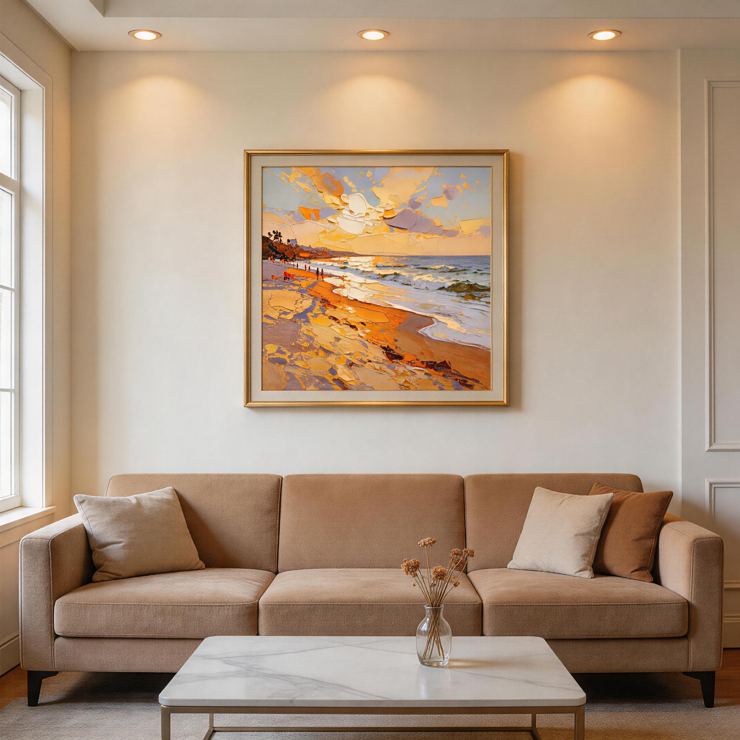 Golden Sunset Beach Seascape Oil Painting | Hand-Painted Warm Orange Sky & Blue Wave Impasto Canvas Wall Art