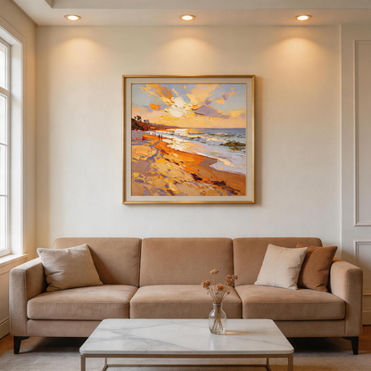 Golden Sunset Beach Seascape Oil Painting | Hand-Painted Warm Orange Sky & Blue Wave Impasto Canvas Wall Art
