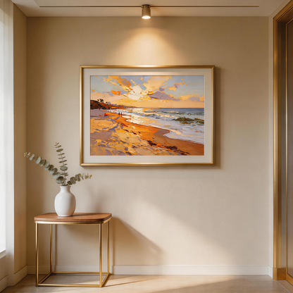 Golden Sunset Beach Seascape Oil Painting | Hand-Painted Warm Orange Sky & Blue Wave Impasto Canvas Wall Art
