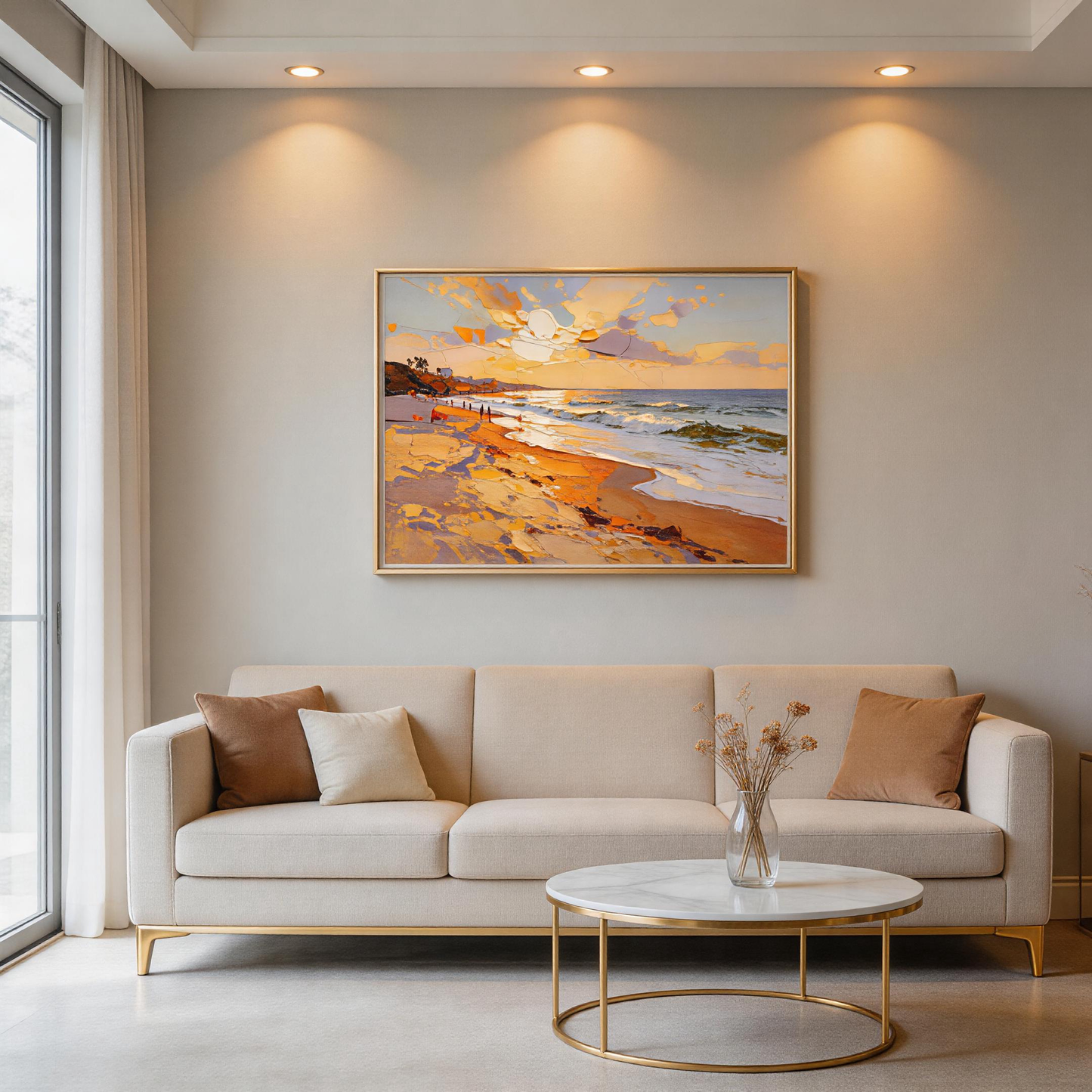 Golden Sunset Beach Seascape Oil Painting | Hand-Painted Warm Orange Sky & Blue Wave Impasto Canvas Wall Art