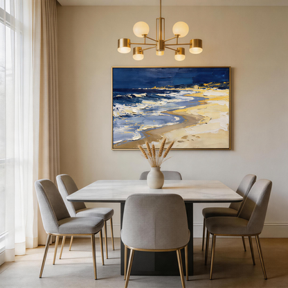 Stormy Night Beach Seascape Oil Painting | Hand-Painted Deep Navy Sky & White Wave Impasto Canvas Wall Art