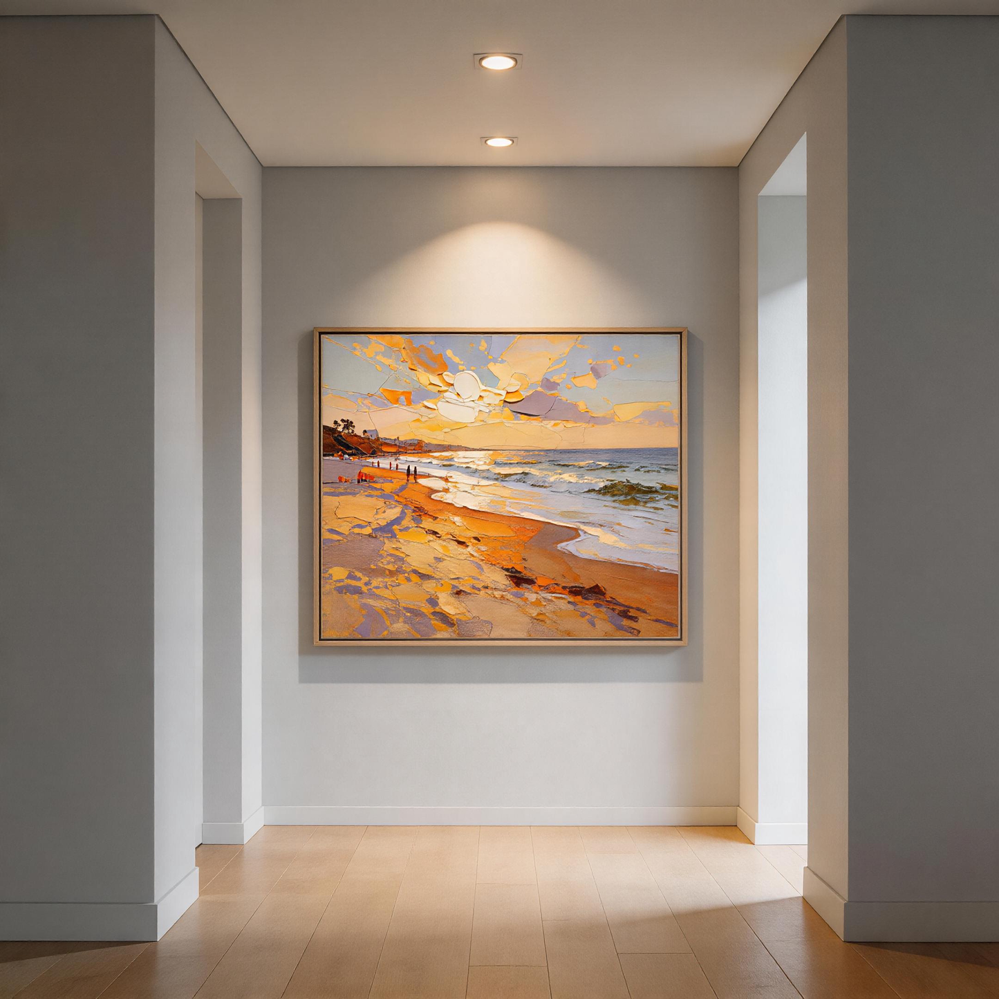 Golden Sunset Beach Seascape Oil Painting | Hand-Painted Warm Orange Sky & Blue Wave Impasto Canvas Wall Art