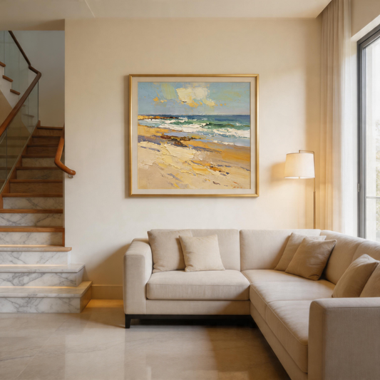 Sunny Beach Seascape Oil Painting | Hand-Painted Blue Sky Golden Sand & Teal Wave Impasto Canvas Wall Art