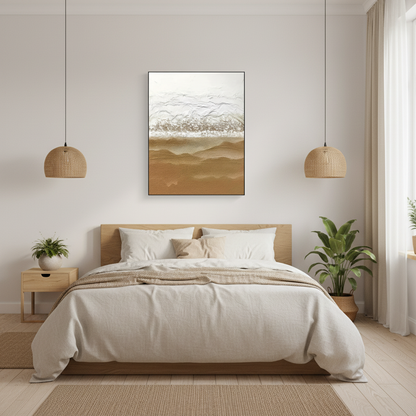 Abstract white sandy gold desert dune oil painting in a Japandi bedroom