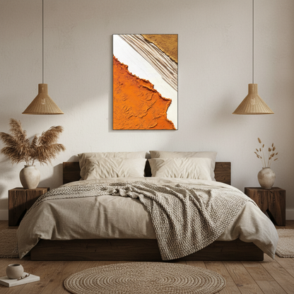 Abstract desert cut oil painting in a Japandi bedroom
