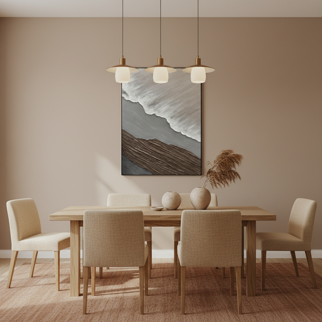 Grey wave oil painting in a minimalist dining room